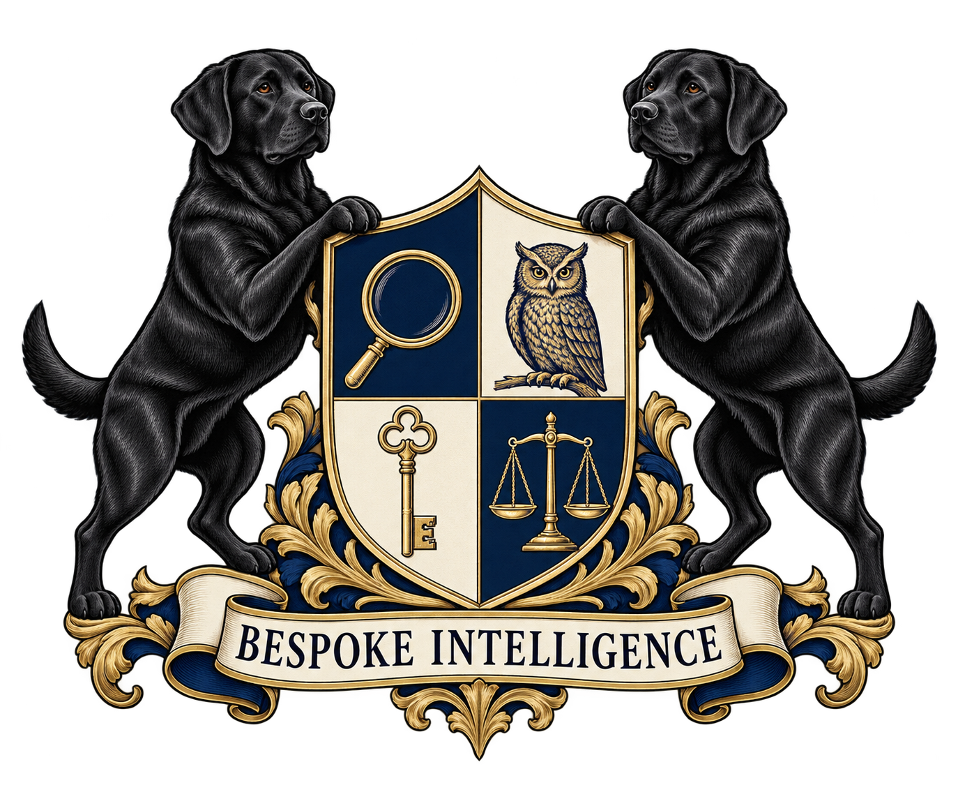 Bespoke Intelligence crest with black Labrador supporters